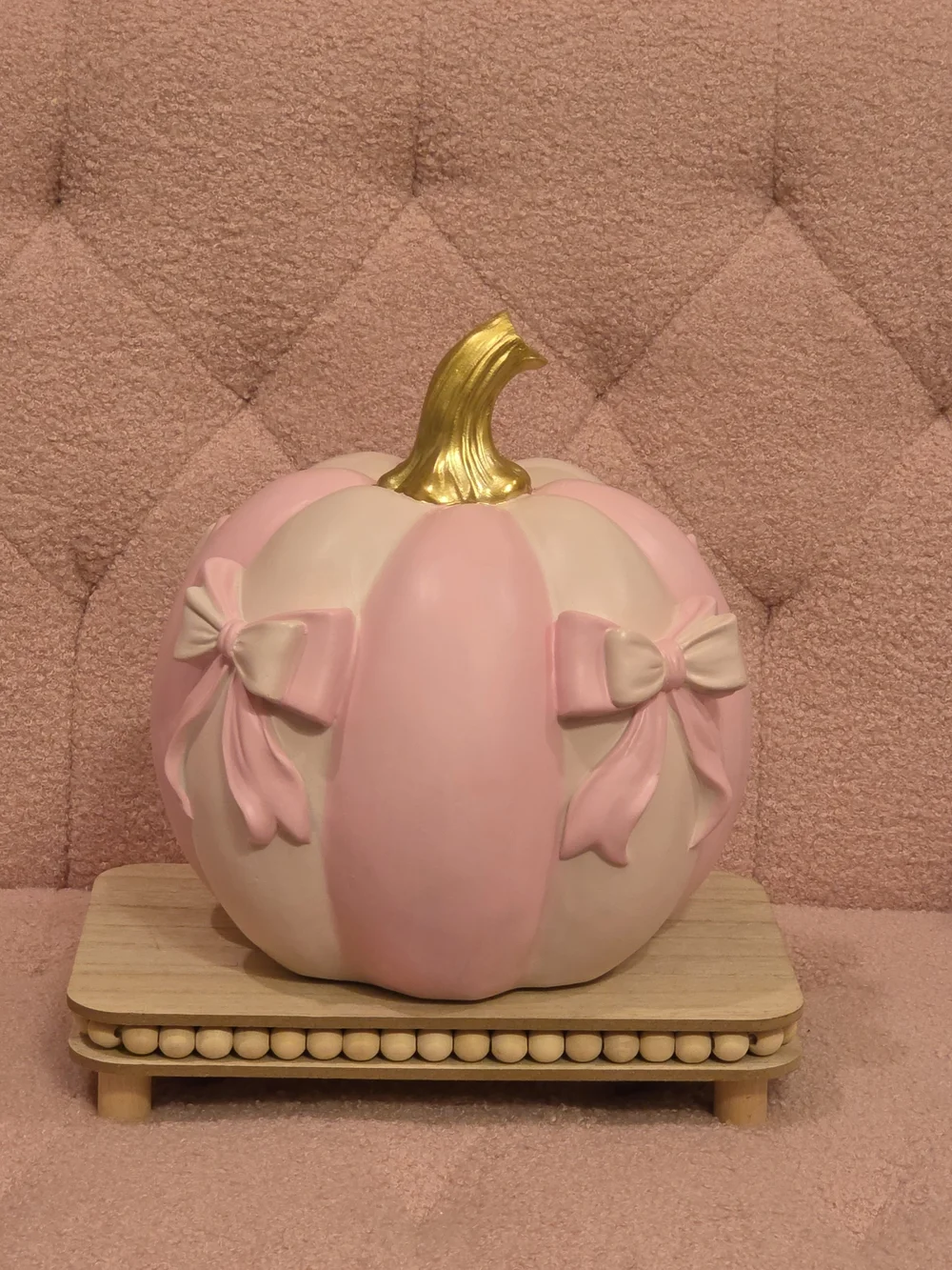 Coquette Pink and Cream Pumpkin w/Bow Accents & Gold Stem -Pink-Halloween Decor